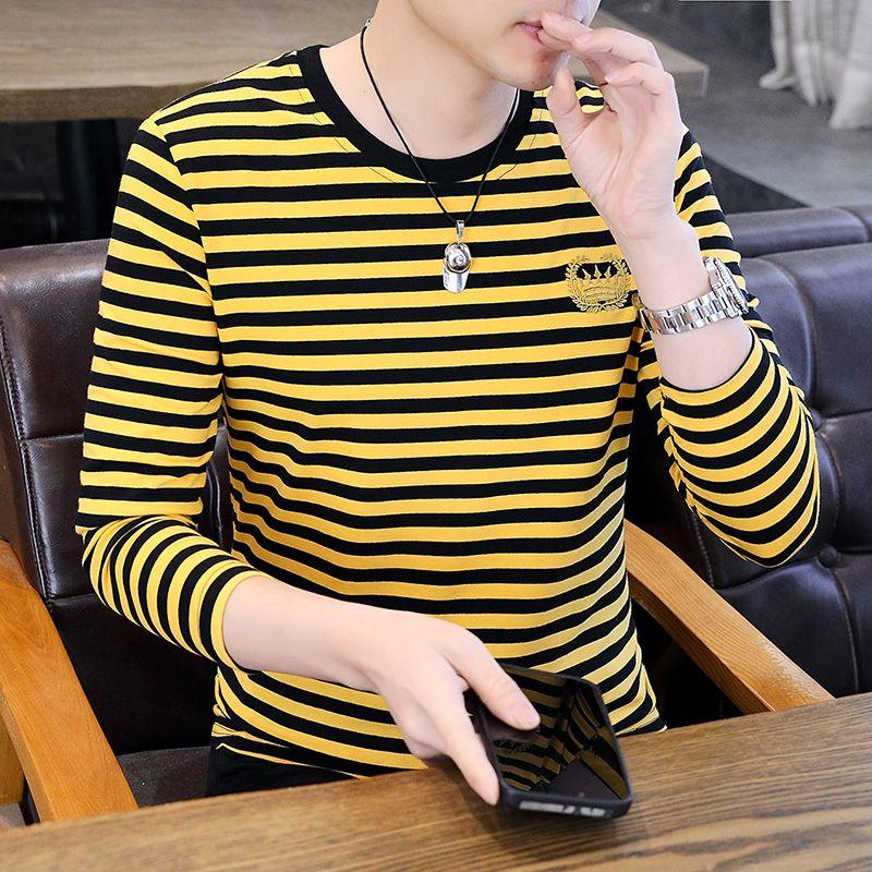 Мужская одежда Весна Осень Пуловер с круглым вырезом Длинный рукав Геометрическая вышивка Полосатая Контрастный цвет Футболка Повседневные топы