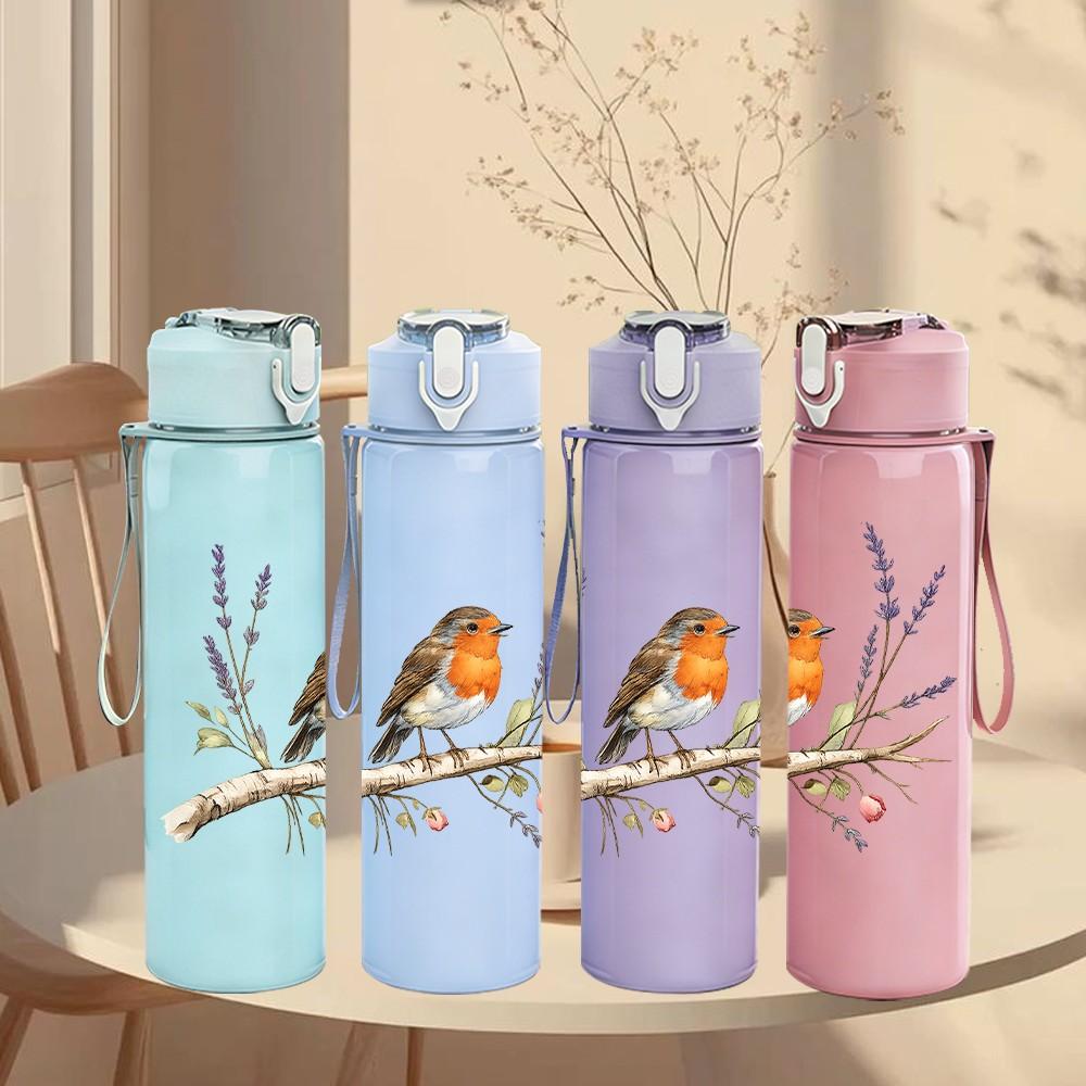1PC Bird Lavender Branch Art Print 750ml Color Plastic Sports Water Bottle Leakproof Flip Straw Lid Suitable for Sports Office Home Use