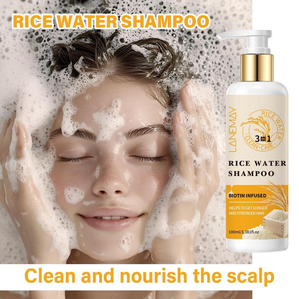 Шампунь 3 в 1 на основе рисовой воды — Укрепление и увлажнение поврежденных волос — Очищение и питание кожи головы — Подходит для всех типов волос