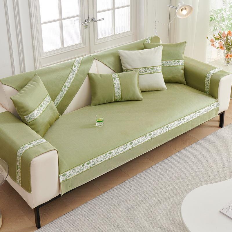 Sofa Cushion Summer Ice Silk Non-slip Sofa Cover Solid Color Embroidery Splicing Couch Covers Cooling Cool Feeling Sofa Cushion