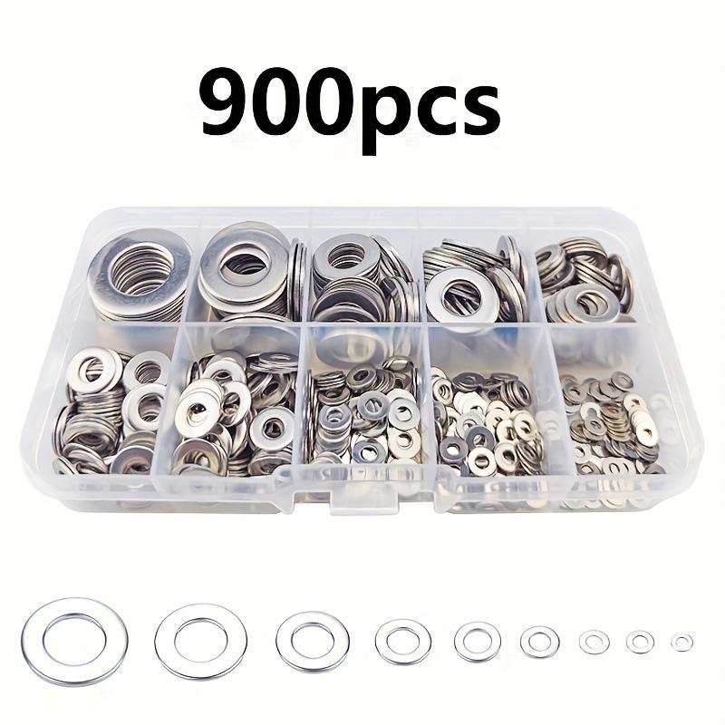 Набор шайб плоских из нержавеющей стали 304 в коробке-органайзере (900 шт., M2-M12, Тип O)