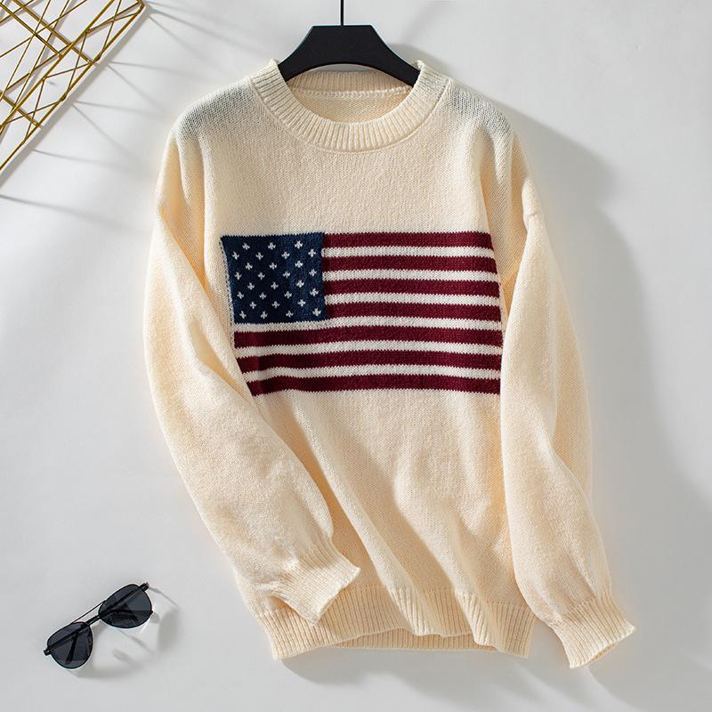 Autumn and Winter Women's Plus Size Knitwear Flag Casual Loose Round Neck Pullover Knitted Sweater