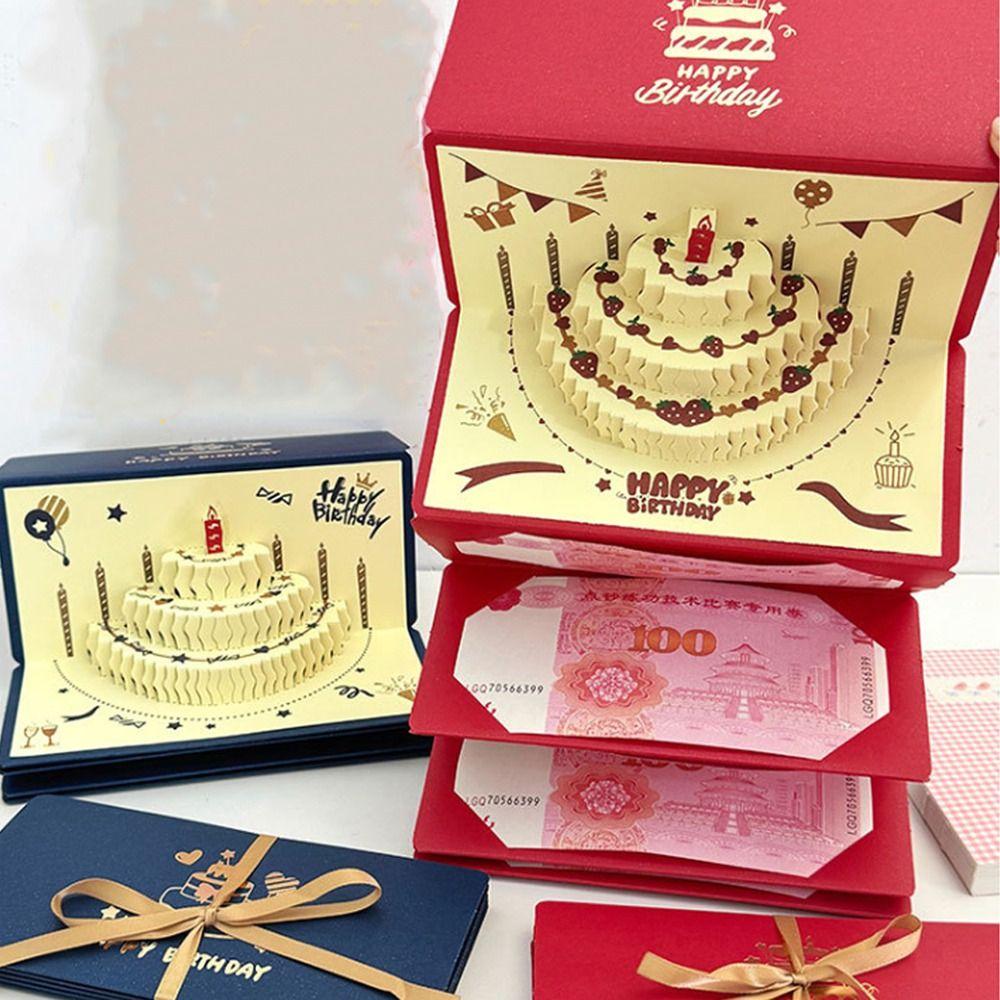 Выдвижная 3D Красный конверт на День Рождения Складной Торт на День Рождения Открытка Мешок для денег Вечеринка в честь Дня Рождения