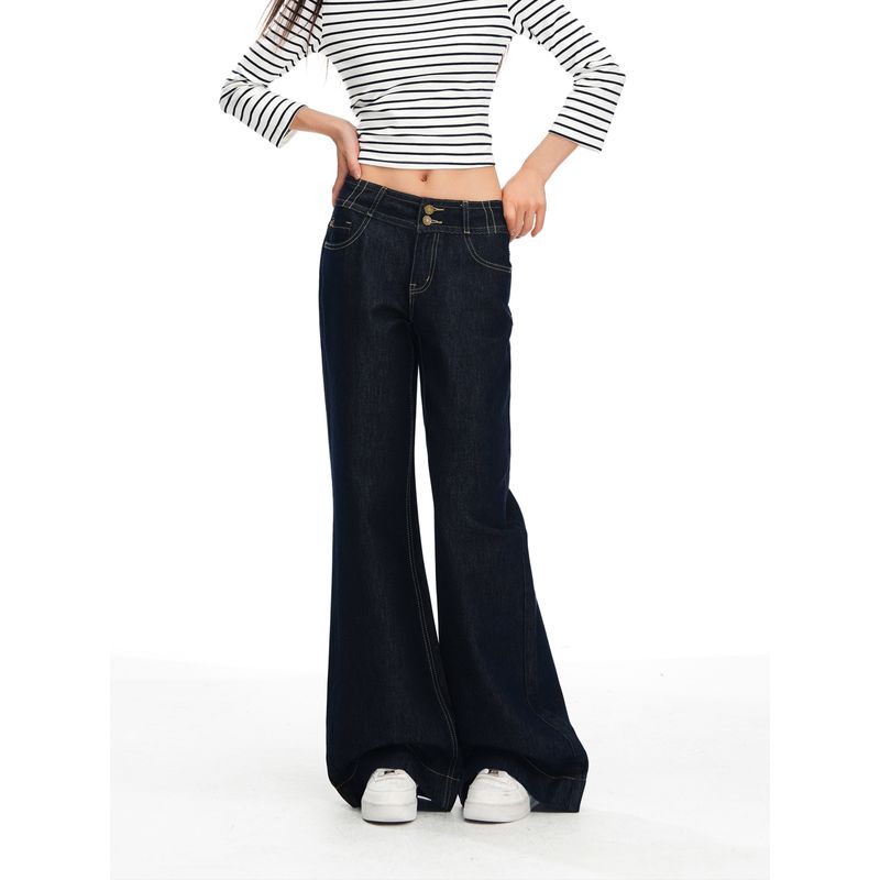 Shiyiyue American-Style Denim Blue Double-Button Loose Jeans for Women, Autumn Drape Narrow-Leg Casual Floor-Length Flared Pants