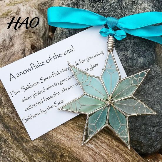 Sea Glass Collector Ornament Handmade Ornament, Snowflake Gnome Christmas Tree with Bowknot, Coastal Sustainable Holiday Decoration Style Dog