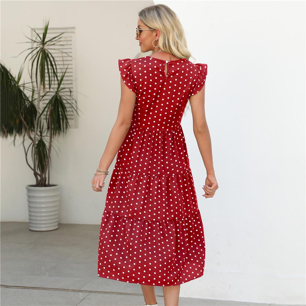 Polka Dot Print Summer Women Long Dress Round Neck Ruffled Sleeveless