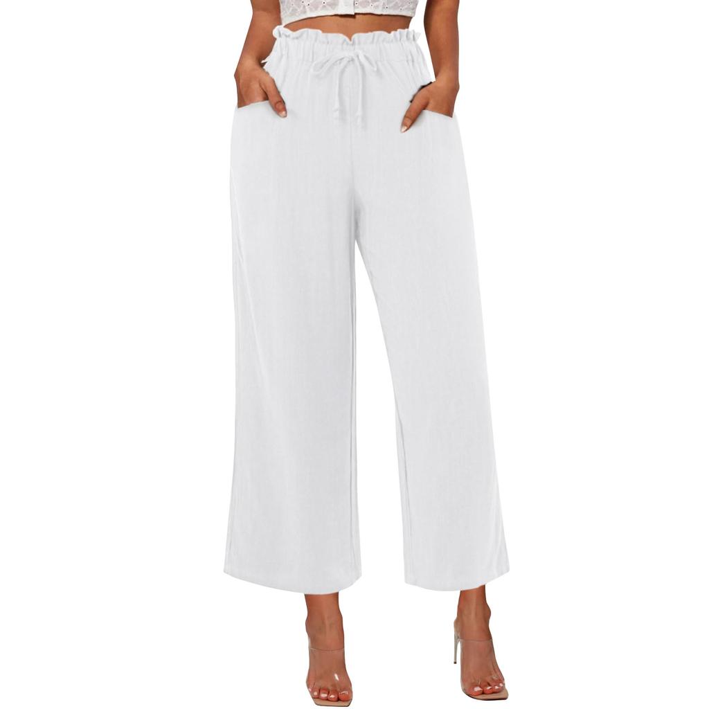 Женские льняные брюки с широкими штанинами, эластичные брюки-палаццо с высокой талией, повседневная свободная одежда для пляжного отдыха с карманами