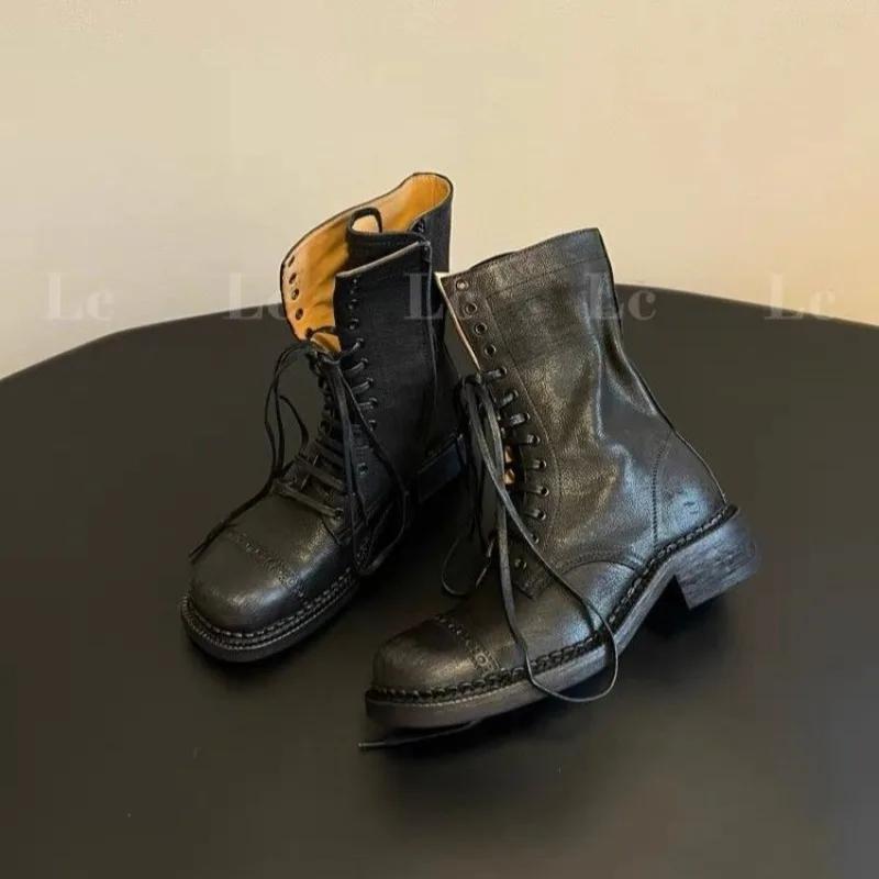Женские ботильоны на шнуровке для девочек, ковбойские мотоциклетные тренды, новая мода в стиле рок-панк, дизайнерская обувь на низком каблуке, кожаные сапоги с круглым носком