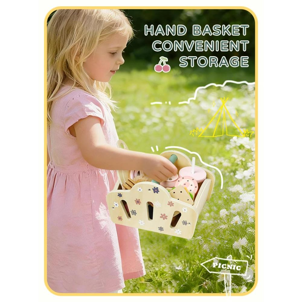 Picnic Basket Hand-held Basket Pretend Play Toys Children's Wooden Simulation Tableware Set Girls' Toys Desserts and Cakes
