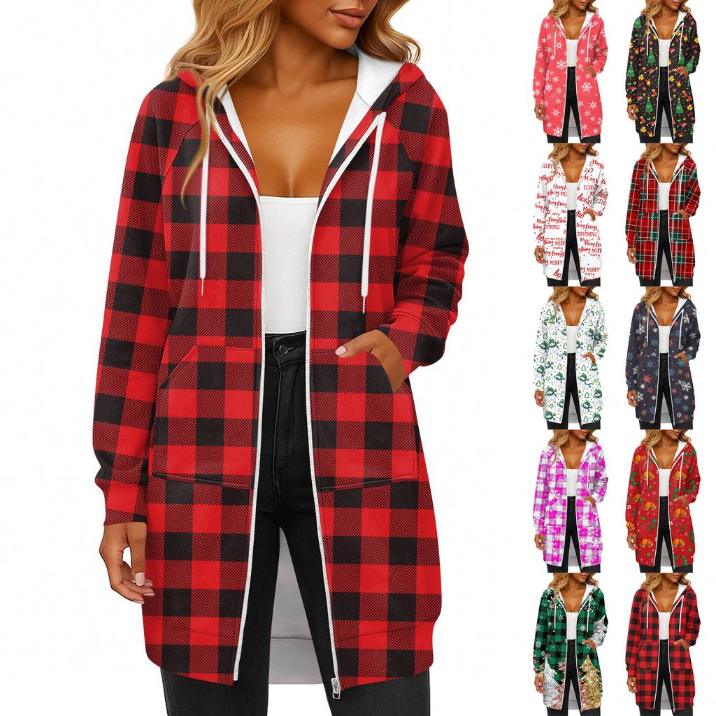 Женская модная рождественская толстовка с длинными рукавами, капюшоном на кулиске, карманом на молнии, длинная, повседневная