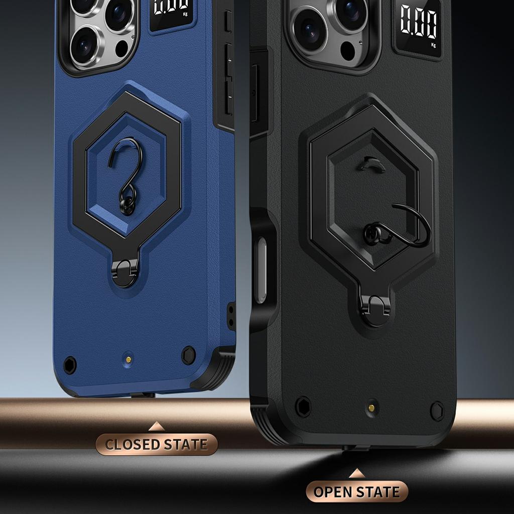 For iPhone 16 Pro Case Hexagonal Kickstand Shockproof TPU PC Matte Phone Cover with Integrated Scale Hook