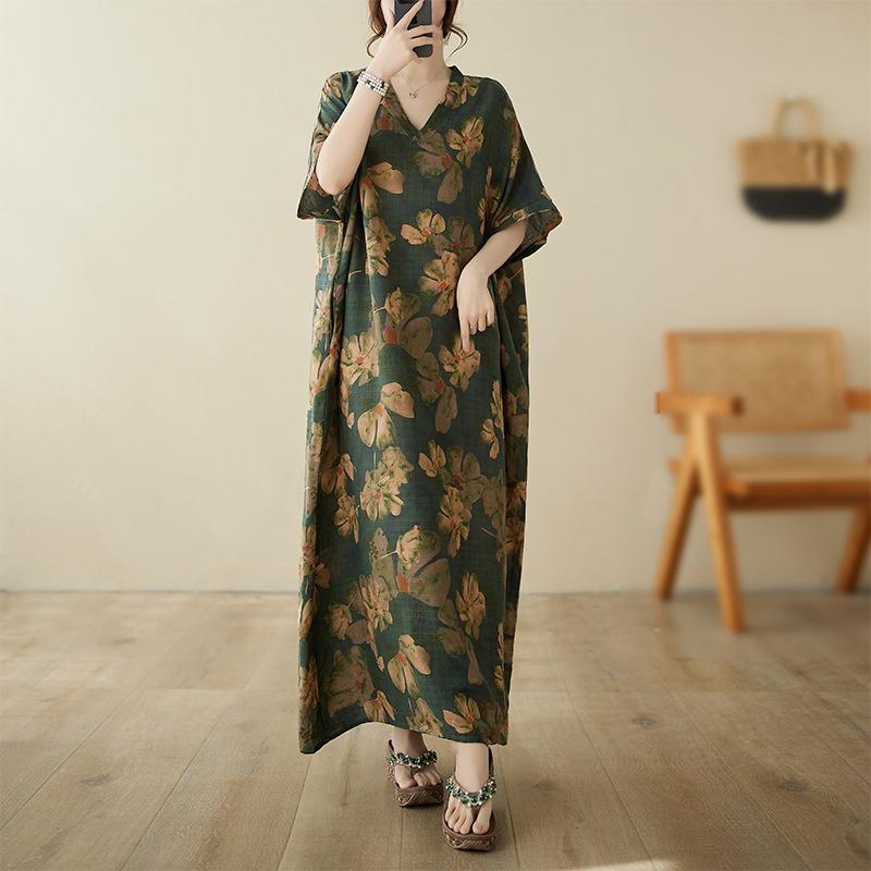 Real shot summer thin cotton and linen V-neck large size loose vacation wind beach dress retro medium and long dress women