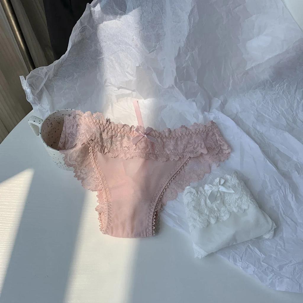 Women's Sexy Low-Waist Lace Underwear Ribbon Strap Lace Bow White Hollow Out Briefs Thin Cotton Crotch Summer Underpants