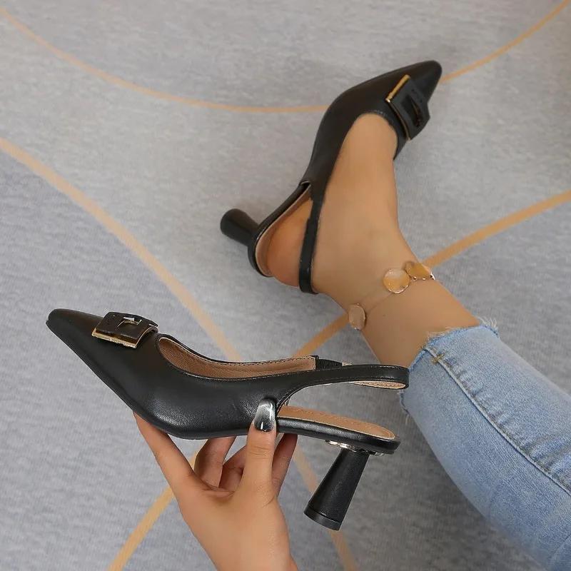 2024 New Women's Shoes Pointed Toe Comfortable Low Heel Back Strap Thick Heel Spring and Autumn Versatile Women's Shoes