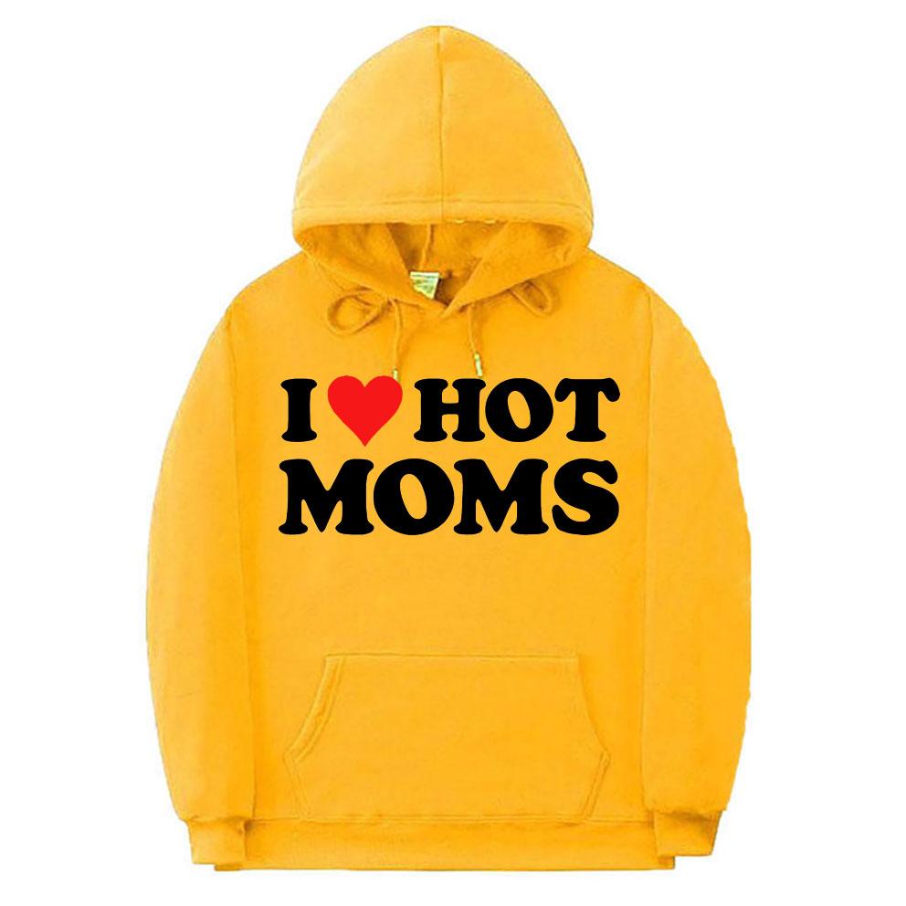 Толстовка с принтом I Love Hot Moms, уличная одежда, забавные толстовки с красным сердцем Love Moms, унисекс, женская мода, повседневная толстовка унисекс, черная одежда
