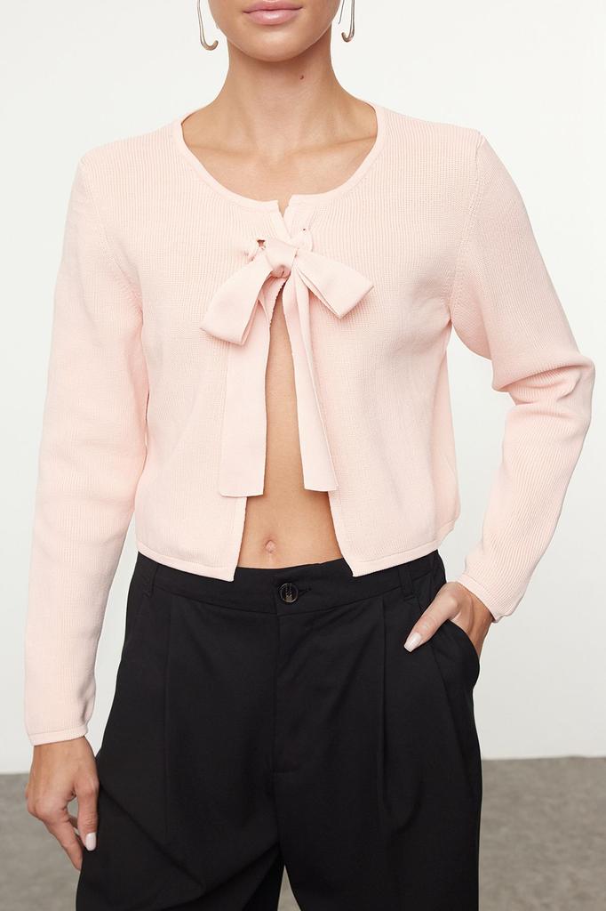 Women's Fashion Stylish Cardigan Powder Crop Ribbon Bow Detailed Knitwear Cardigan