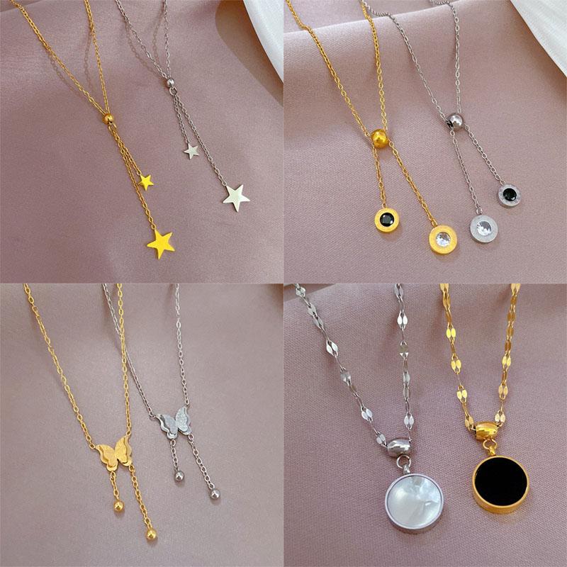 Simple Star Butterfly Zircon Pendant Tassel Necklace Stainless Steel Geometric Choker Jewelry Party Gifts For Women Girls