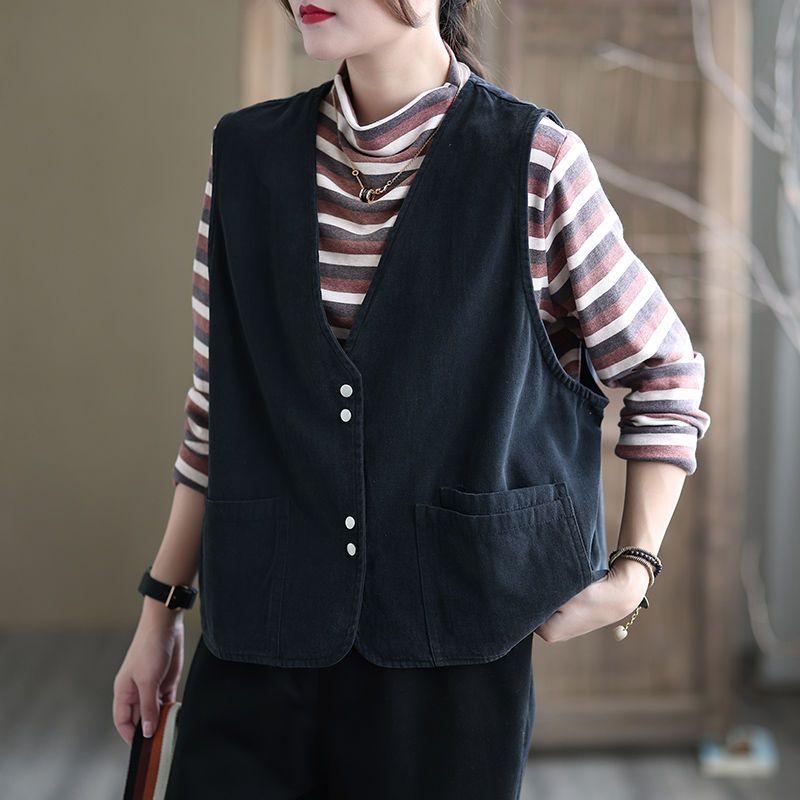 Vest Women's Spring and Autumn New Style Women's Commuting Solid Color Cotton Pocket Fashionable Retro Shoulder Jacket