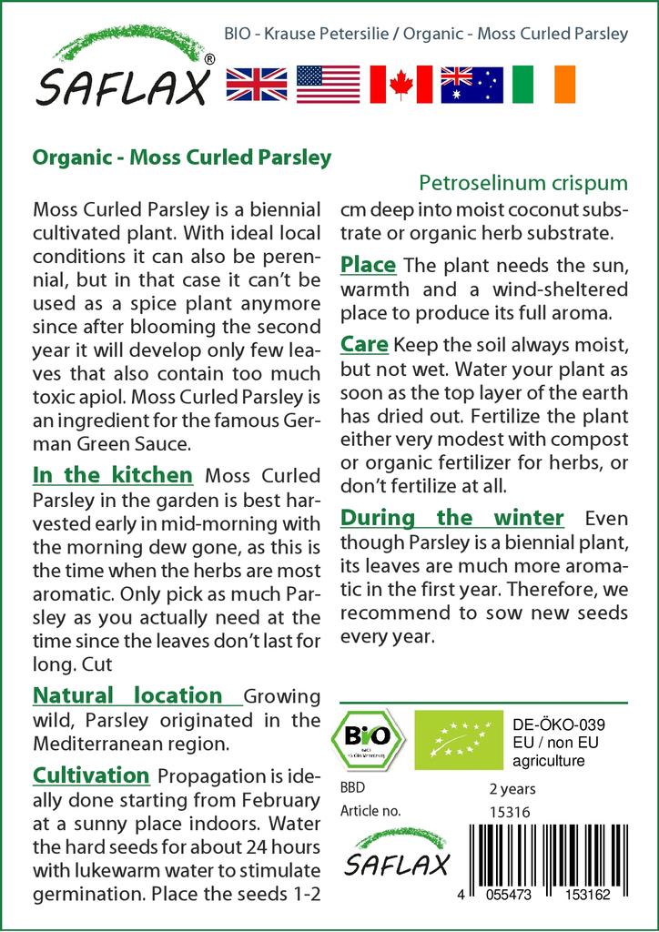 SAFLAX Garden in the Bag - Органический - Петрушка, скрученная мхом - 800 семян - С субстратом в подходящем стоячем пакете - Petroselinum Crispum
