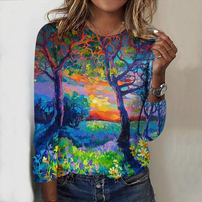 Топы на весну и осень с принтом горного дерева и круглым вырезом, футболка с длинным рукавом, осенний повседневный тонкий пуловер, женский топ с длинным рукавом