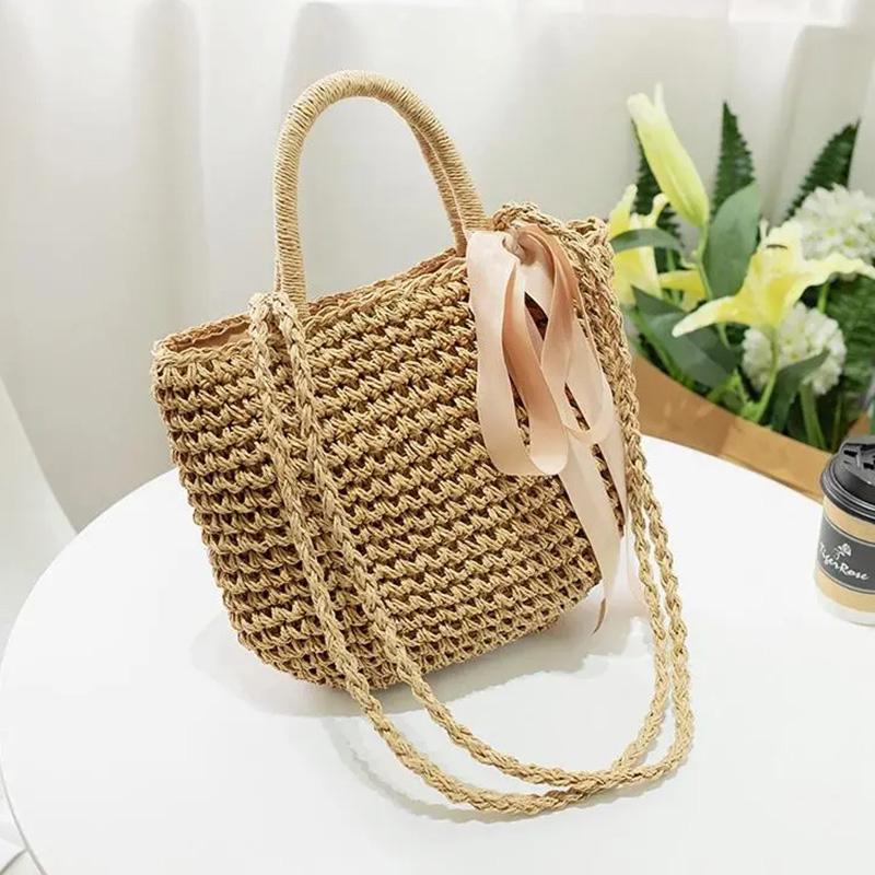 New Arrive Handmade Straw Bags Ribbons Bowknot Beach Knitting Handbags Tote Shoulder Bag