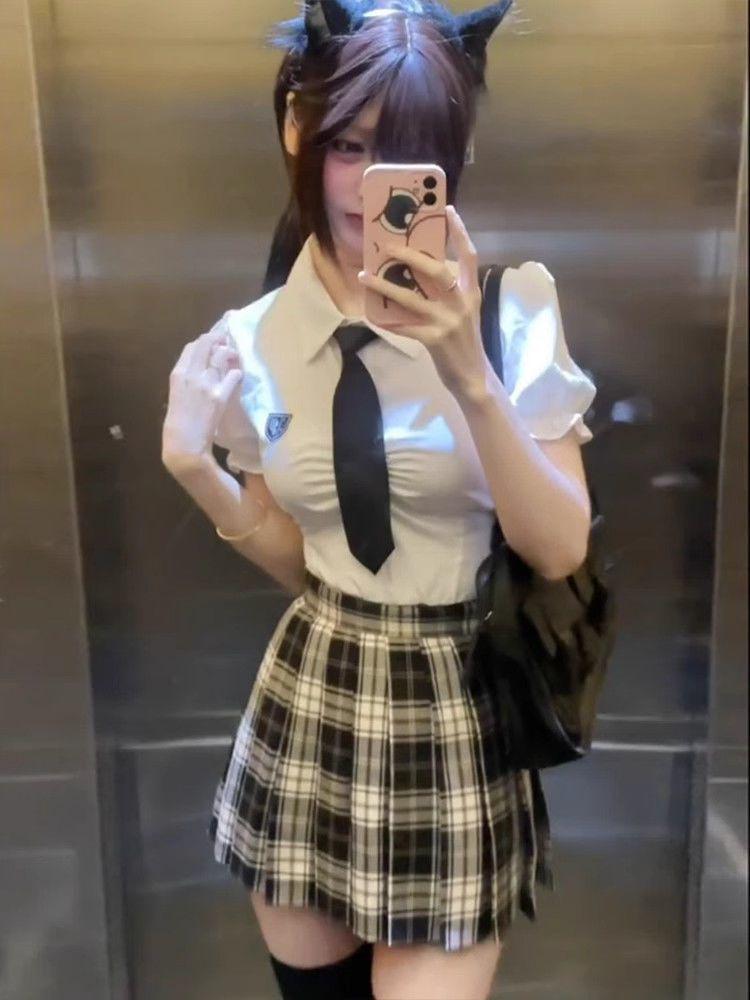 Комплект клетчатой юбки и рубашки в стиле академии: Женский облегающий талию плиссированный костюм-двойка