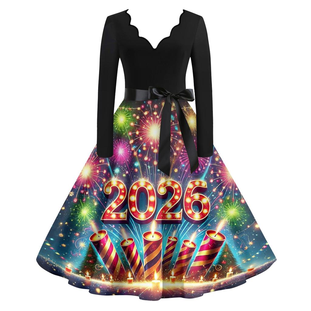 Женское повседневное модное платье винтажного стиля с V-образным вырезом и новогодним принтом