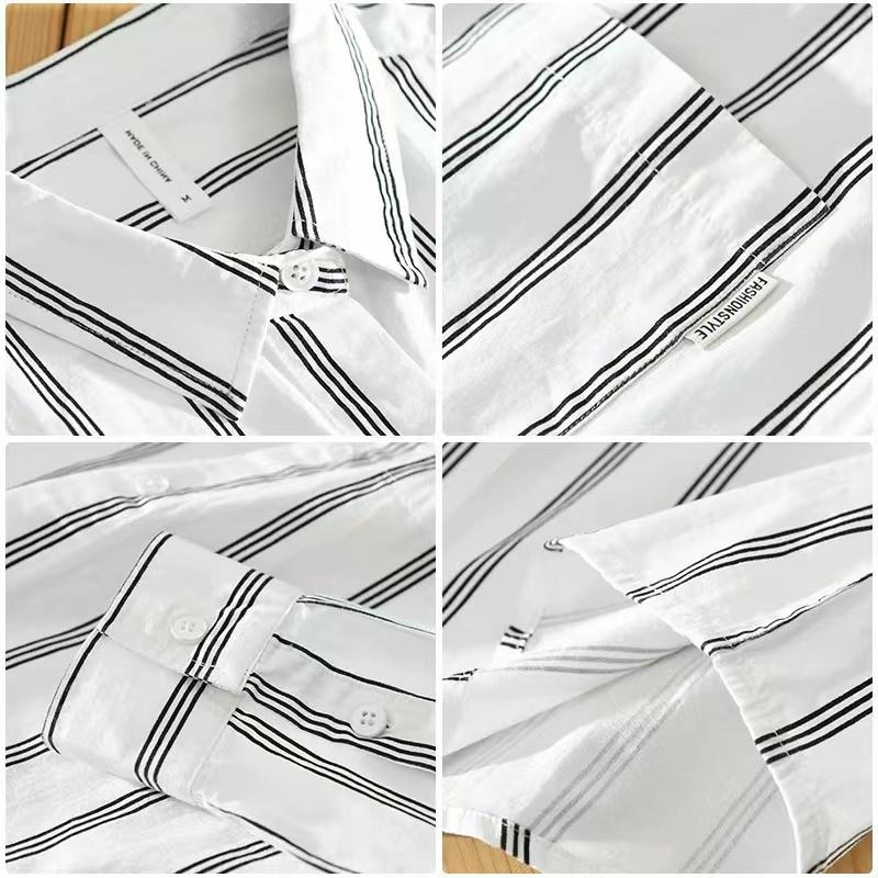 Japanese Retro Striped Long Sleeve Printed Shirt for Men Loose Casual Versatile White Jacket Trendy Top