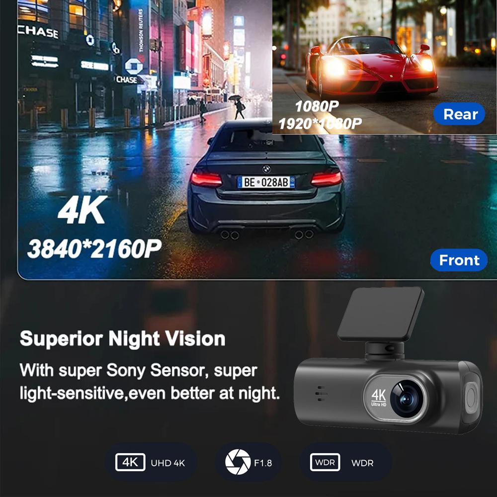 4K Ultra HD Dual Lens Auto Dash Recorder, Super Wide Angle Night Vision, Front Rear Recording with WiFi & Built-in GPS Module