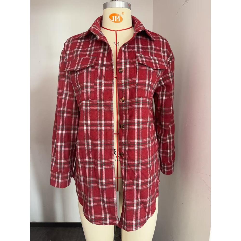 Autumn and Winter Casual Fashion Loose Plaid Pocket Women's Blouses & Shirts