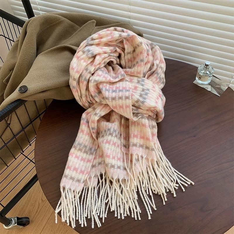 Pink Scarf Women's Winter Plaid Fringed Atmosphere Shawl Thin Outer Warm Versatile Skin-friendly Scarf