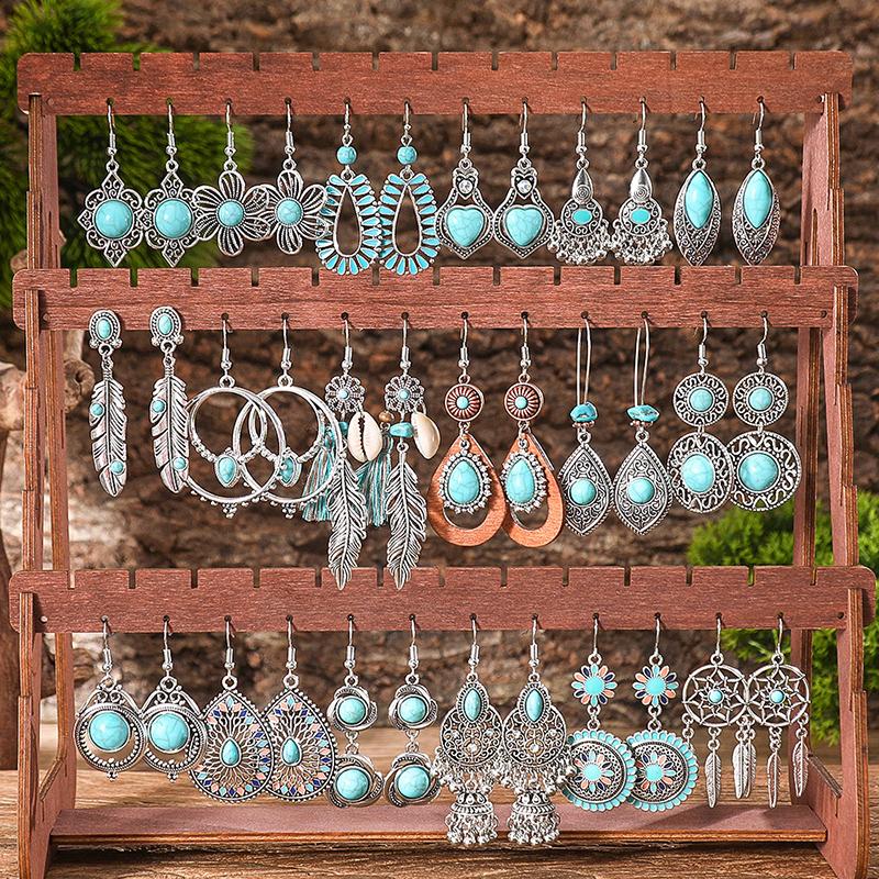 Vintage Tibetan Silver Geometric Turquoises Drop Dangle Earrings Woman Retro Ethnic Blue Beads Boho Jewelry Earrings Wholesale