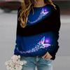 Fall Autumn Women'S Fashion O Neck Long Sleeve T-Shirt Loose Clothes Deep Blue Butterfly Print T Shirt For Girls Street