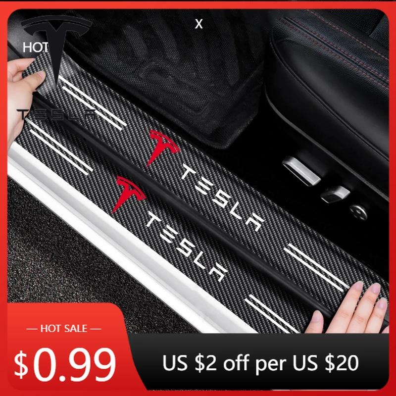 Car Sticker Tesla 4Pcs/set Carbon Fiber Car Door Sill Threshold Protector Logo Stickers For Tesla Model 3 Model Model X Y Roadst