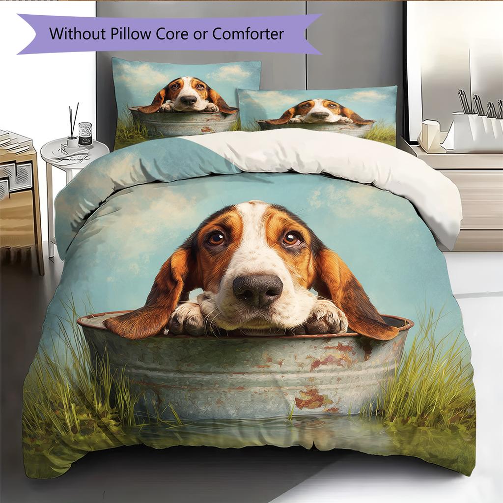 Basset Hound and Grassland Pattern Bedding Home Decoration Birthday Gift (1 * duvet cover + 2 * pillowcase, without core)