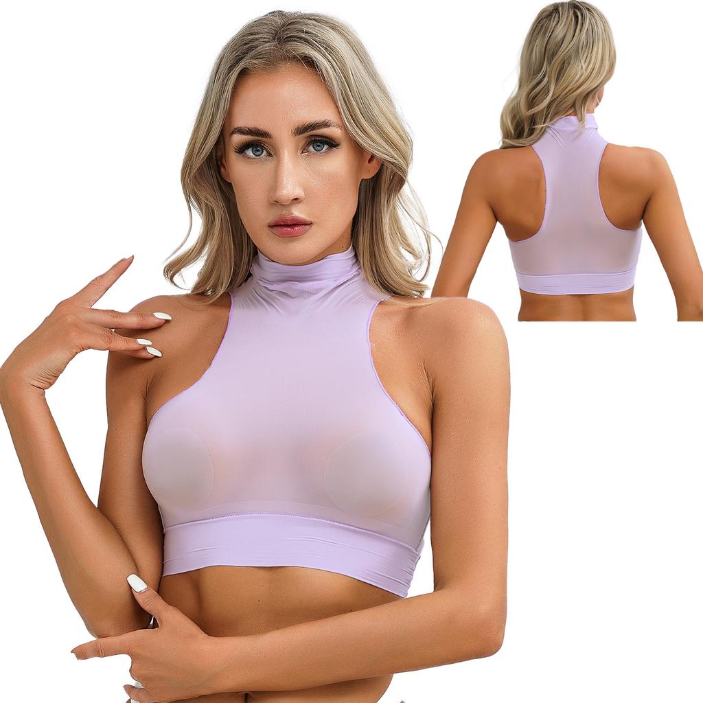 Женский прозрачный укороченный топ-жилет без рукавов с воротником-стойкой, глянцевый, насквозь прозрачный