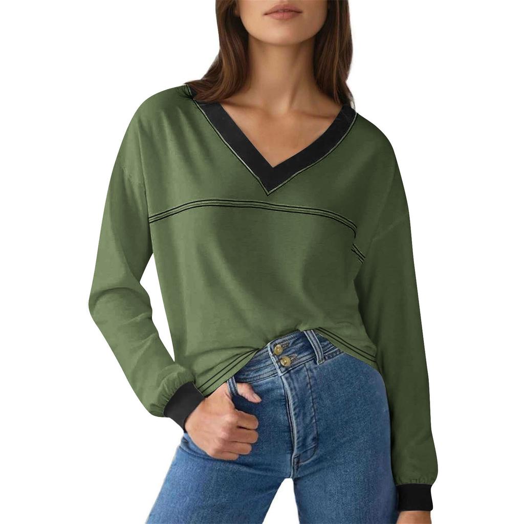 Модная женская свободная кофта с цветными блоками, V-образным вырезом и длинными рукавами