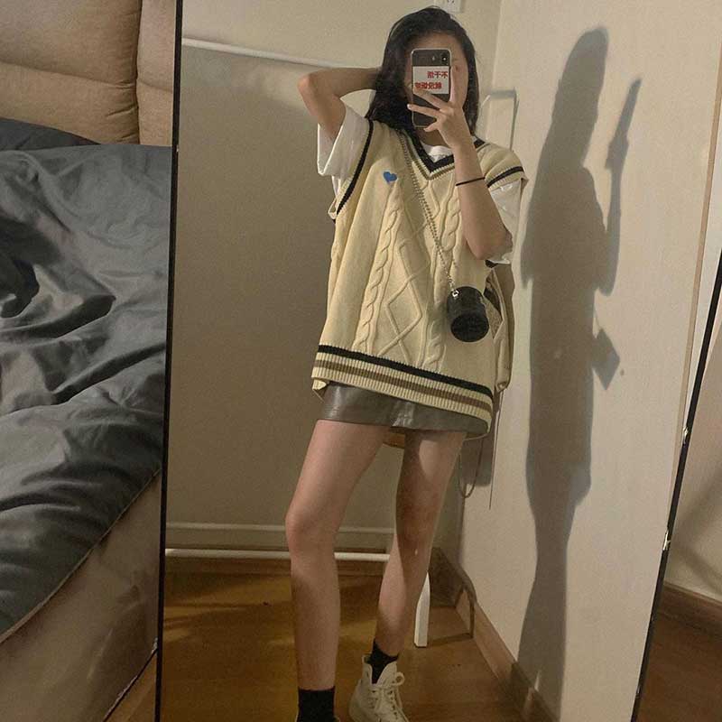 Японский ленивый вязаный жилет, женский осенний многослойный внешний свитер с v-образным вырезом, небольшой жилет в студенческом стиле, топ