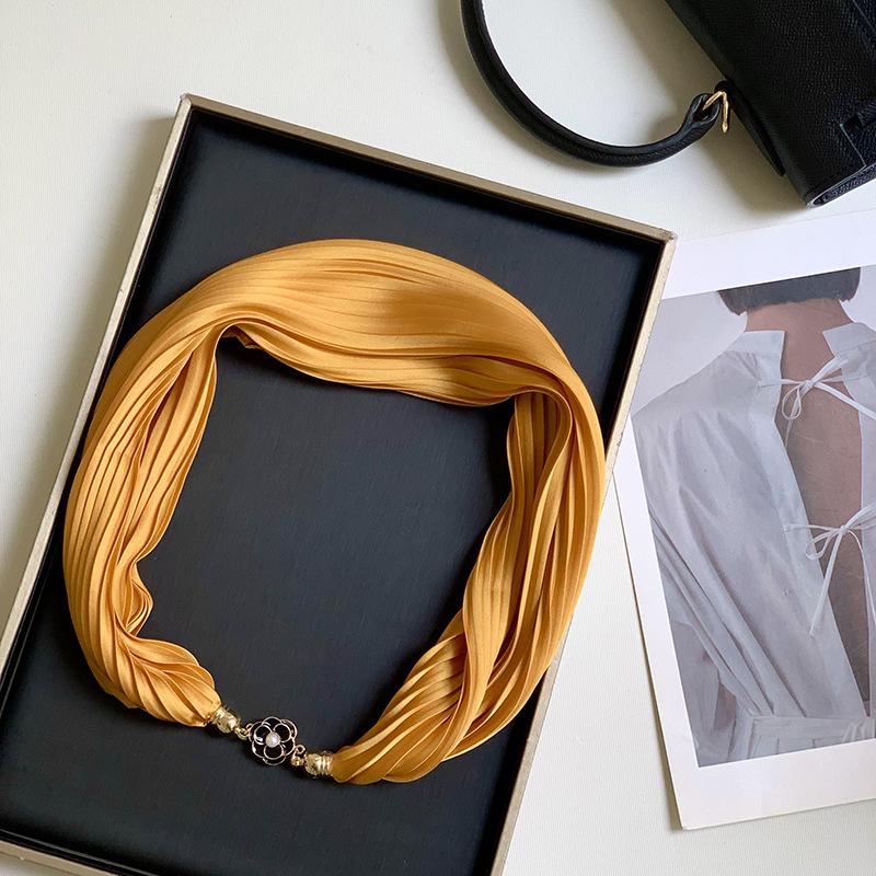 Новый монохромный магнитный шелковый шарф-ожерелье для женщин, плиссированный летний солнцезащитный головной платок, декоративный шарф