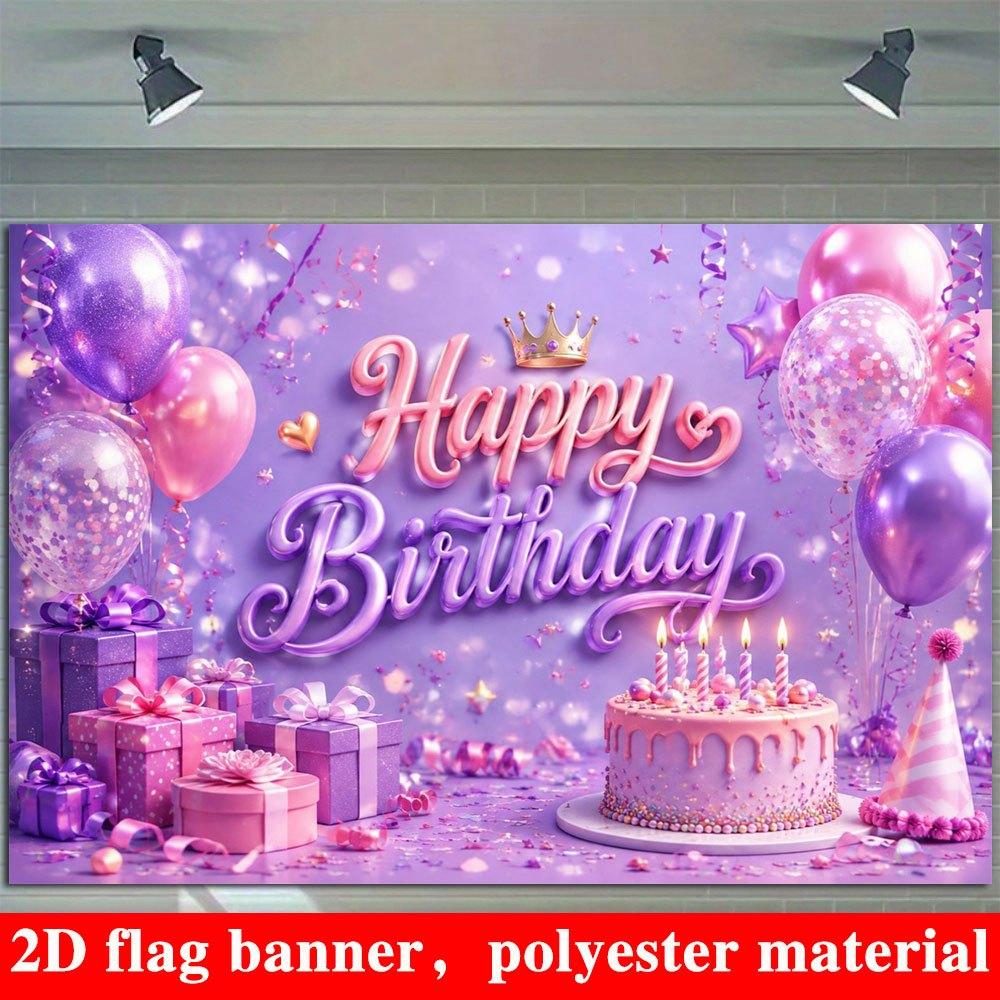 2D Flat Banner, Birthday Backdrop, Pink and Purple Balloons, Gift Boxes, Cakes, Crowns, Polyester