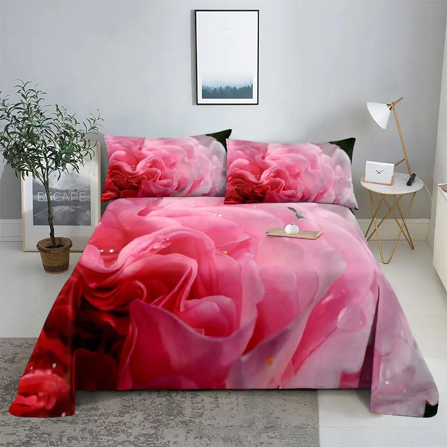 Pink Floral Bed Sheet Set Pillowcase Bedding Linens Cover Flower Queen King Twin Full Size for Single Double Bed Soft Thin