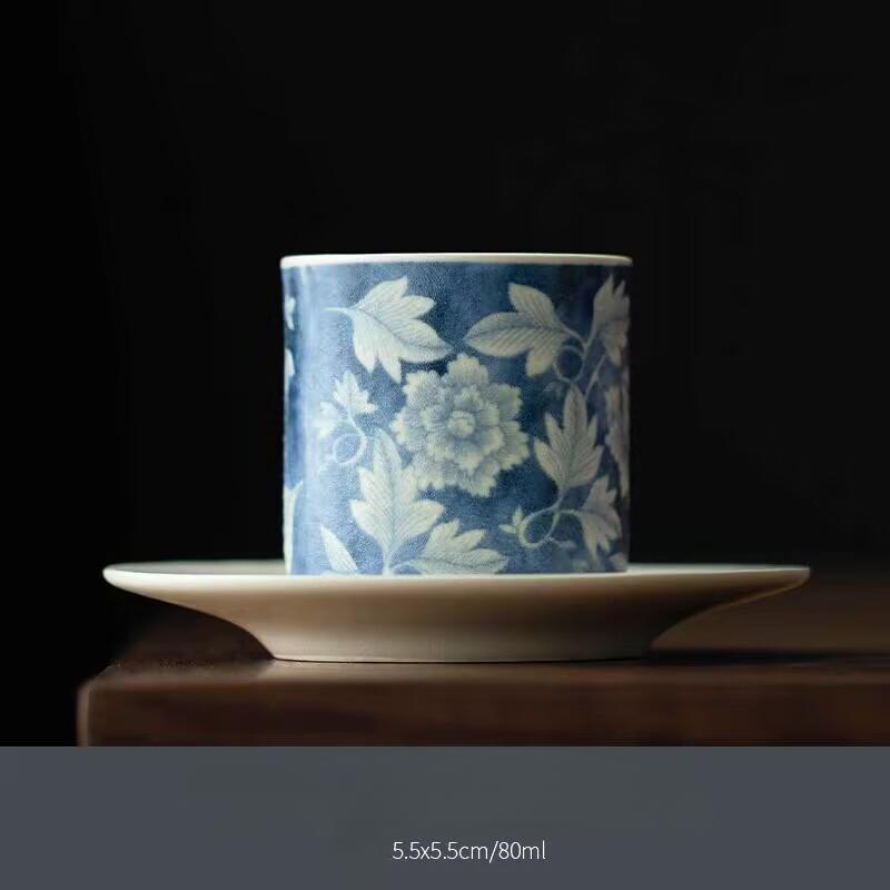 Retro Blue And White Cup And Saucer Set, Household Single Coarse Pottery Teacup, National Color Master Cup Tea Cup Matte Coaster Set