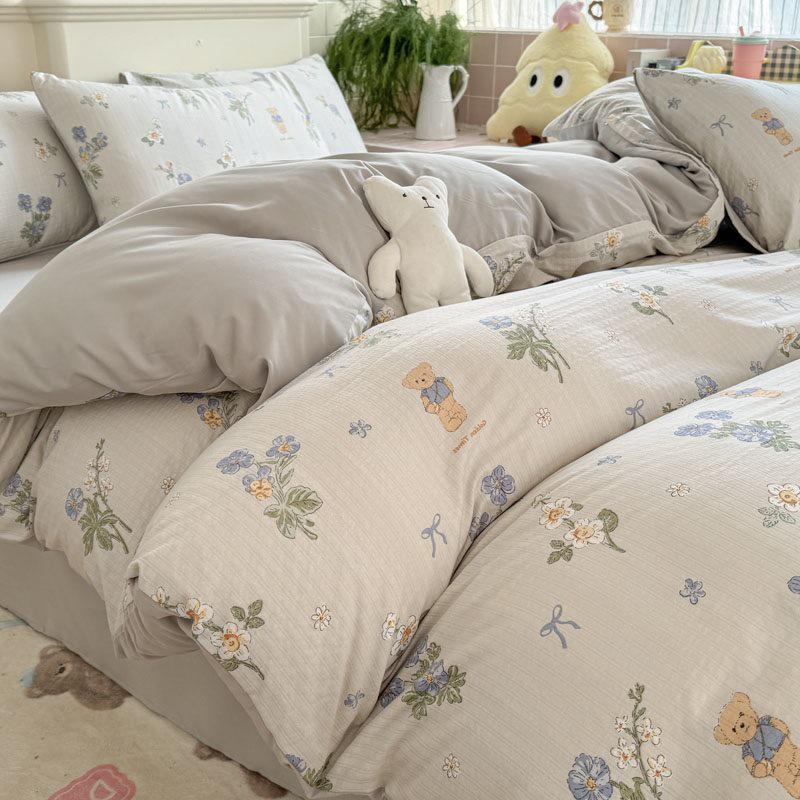 Комплект постельного белья из четырех предметов на лето из двухслойной марли класса А с цветочным принтом и пузырчатого хлопка