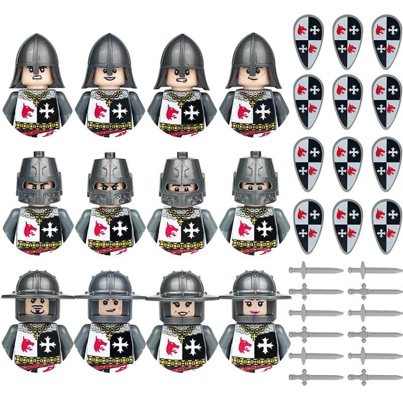 Детские игрушки, средневековый военный солдат, строительный блок, замок, рыцарский корпус, оружие на поле боя, боевой конь, мультяшные фигурки, кирпичи