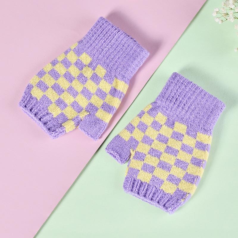 Теплые перчатки трикотажные клетчатые морозостойкие перчатки с половиной пальца для женщин зимние