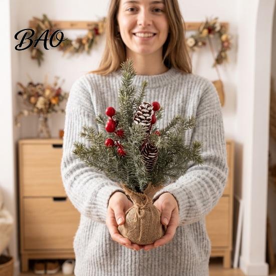 Rustic Christmas Ornament Desktop Miniature Tree with Red Berries, Artificial Mini Pine Burlap Pre Decorated Base, Tabletop Faux Small Potted