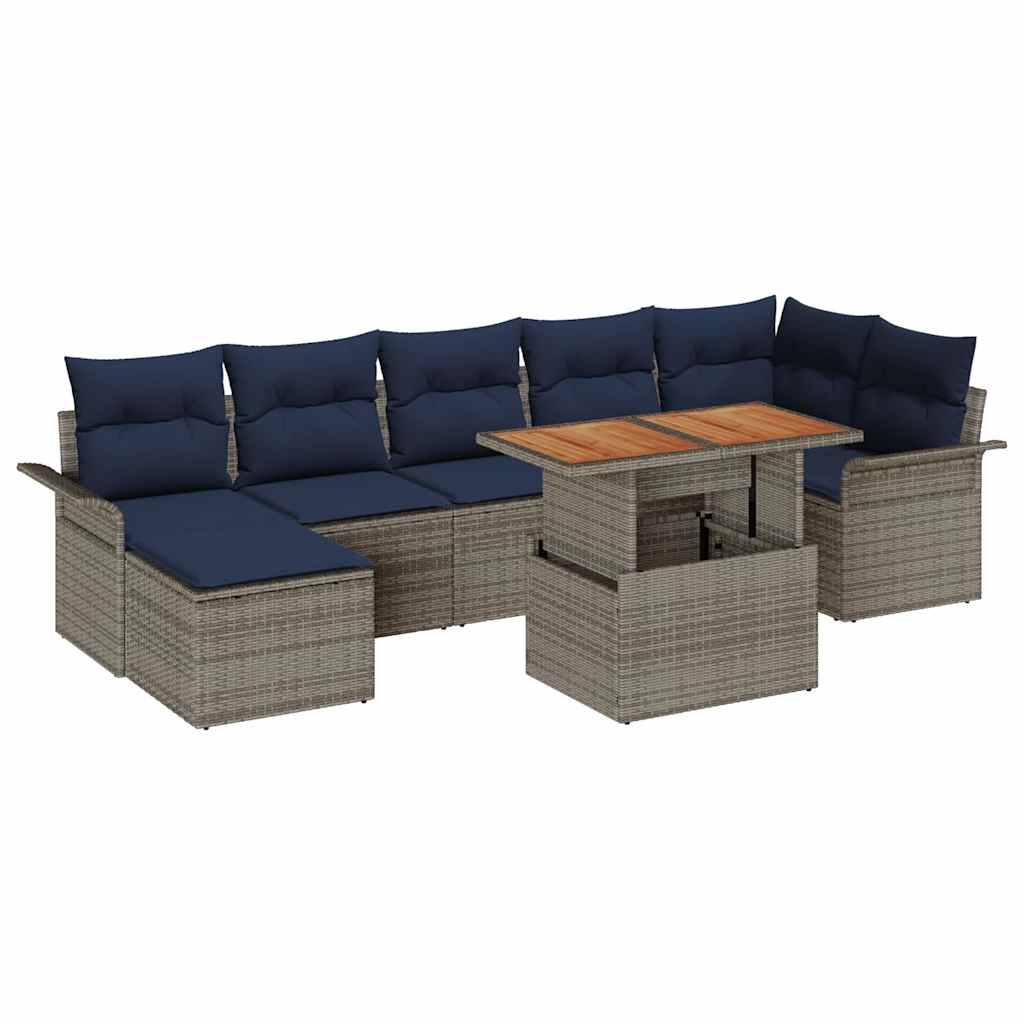 8 Piece Garden Sofa Set with Cushions in Gray and Navy Blue Poly Rattan