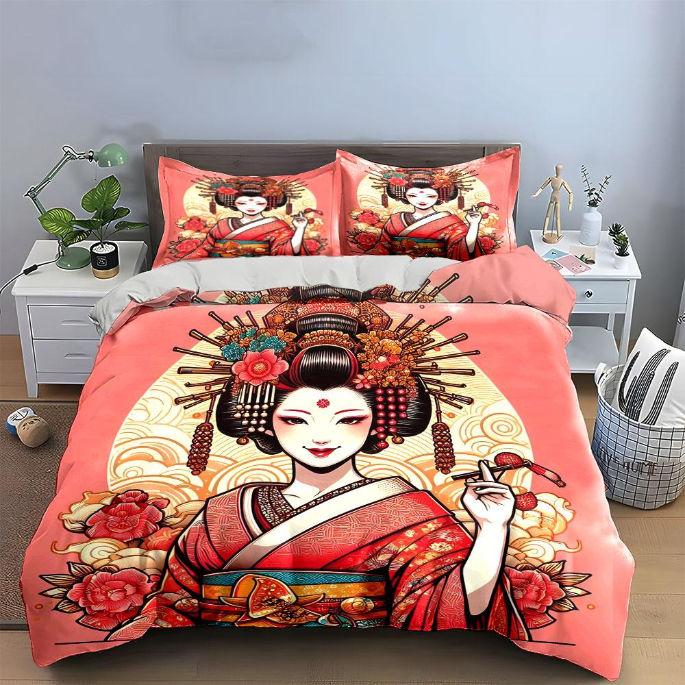 Traditional Geisha Art Set Soft Skin-Friendly Bedding Set Includes 1 Duvet Cover And 2 Pillowcase Gift