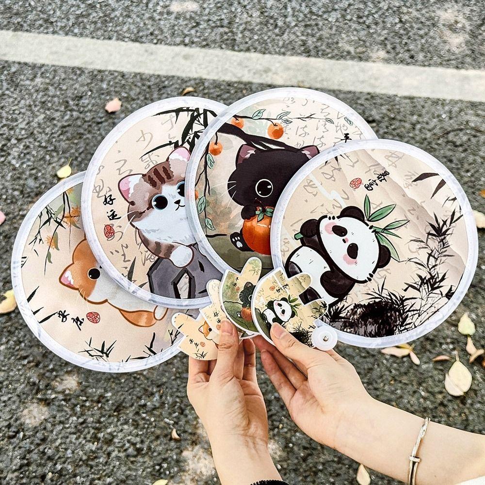 4Pcs Mini Round Pocket Fan Cartoon Reflective Panda Fan Creative Cool Fan for Summer