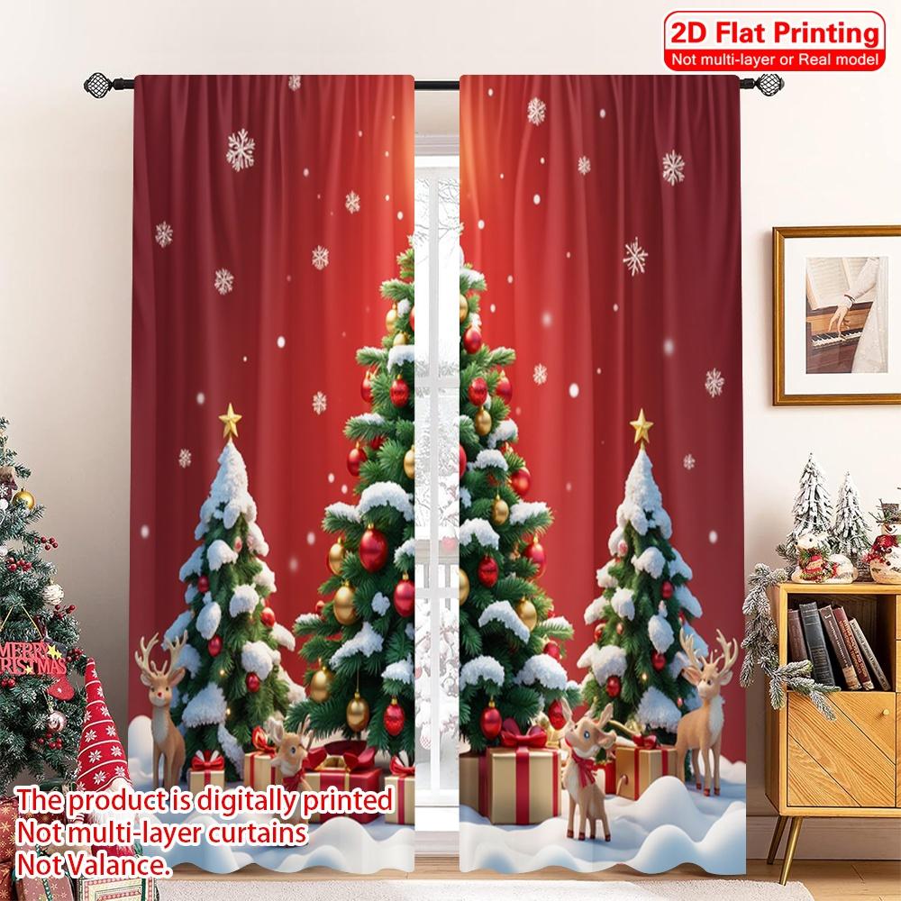 2pcs 2D Flat Printing Christmas Curtains Christmas Tree Ornaments Snowflakes Fabric Without Electricity Party & Holiday Decor